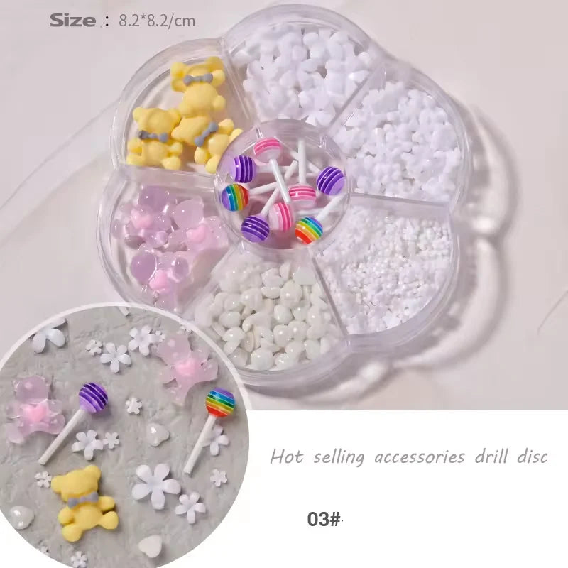 3D Bear & Lollipop Nail Art Charms Wheel #03 | Mixed Sweet Treats, Hearts & Flowers | 6-Grid Nail Decoration Set – Professional Nail Supplies