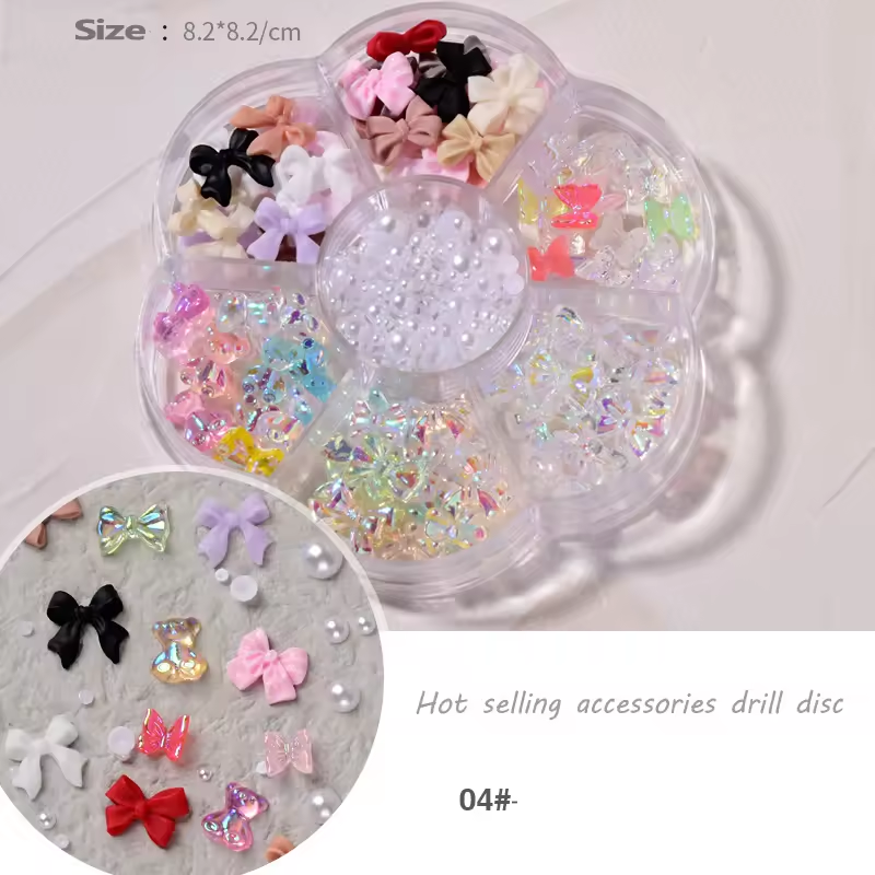 6-Grid Mixed Nail Charms Box – 3D Bear, Bow, Pearl, Flower & Rhinestone Nail Art Decorations for Acrylic, Gel & DIY Nails
