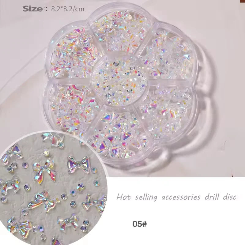 3D Crystal Bow Rhinestone Nail Art Wheel #05 | AB Diamond Mixed Shapes with Rhinestones | 6-Grid Nail Decoration Set – Professional Nail Supplies
