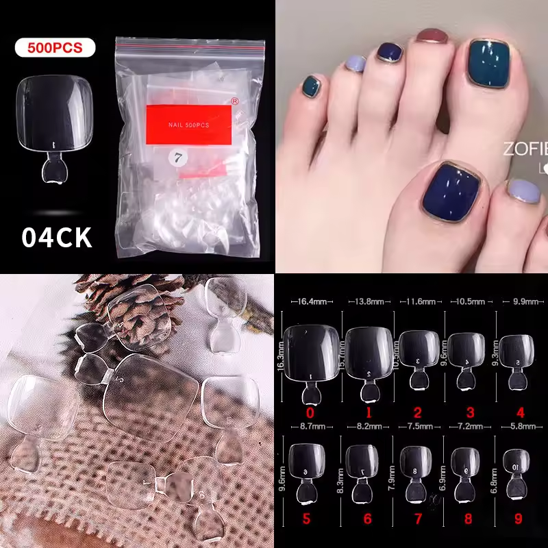 500PCS Clear Square Toe Nail Tips – Full Cover False Toenail Tips for Pedicure, Gel, Acrylic & Press-On Nail Extensions