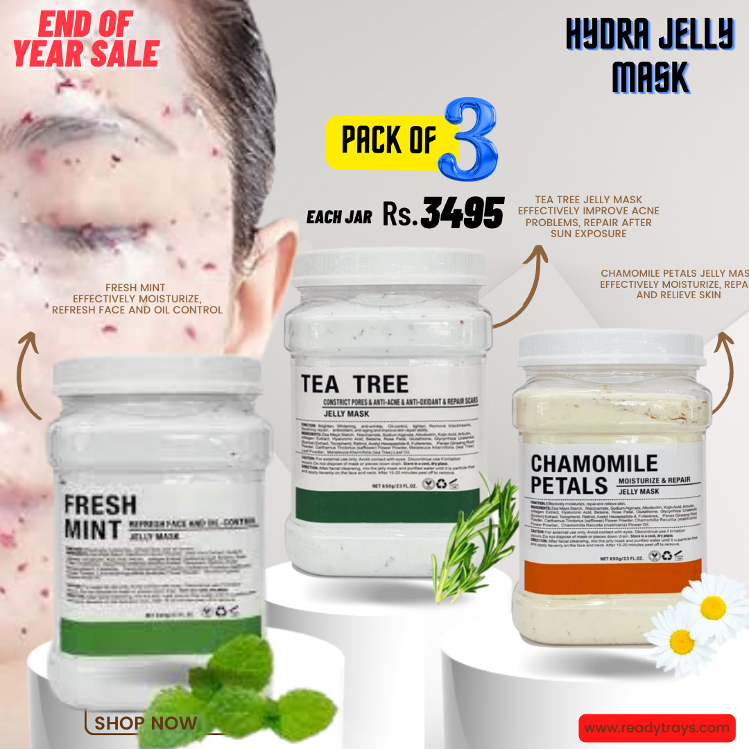 Pack of 3 jelly mask (650g Jar) for beauty salon ( Tea Tree, Fresh Mint & Chamomile )