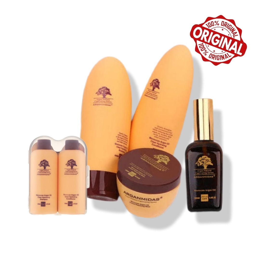 Pack of 5 Pure Arganmidas Moroccan Argan Oil Shampoo 450ml, Conditioner 450ml, Reparing Mask 300ml, Hair Serum 100ml with travel kit 100ml