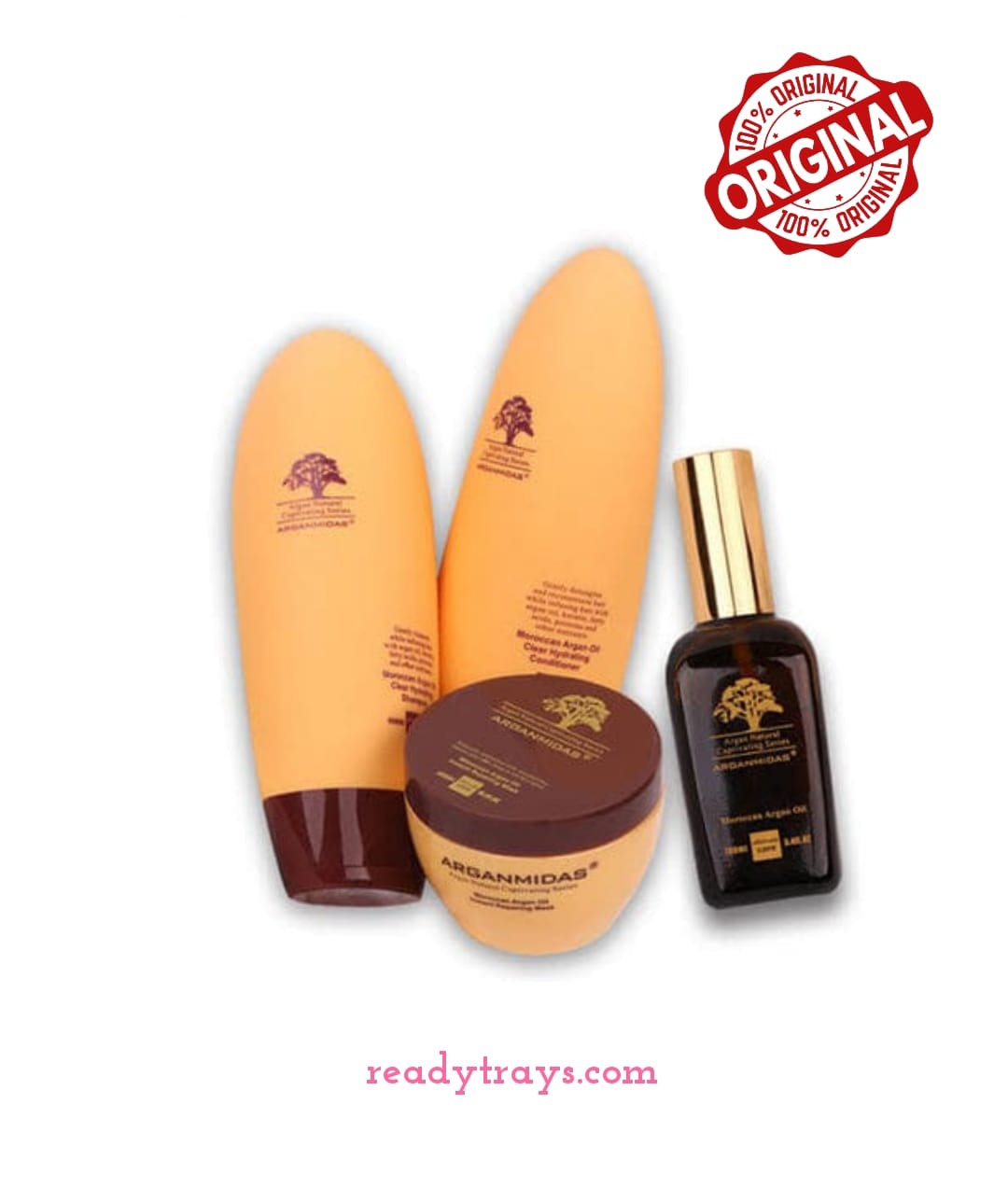 Pack of 5 Pure Arganmidas Moroccan Argan Oil Shampoo 450ml, Conditioner 450ml, Reparing Mask 300ml, Hair Serum 100ml with travel kit 100ml