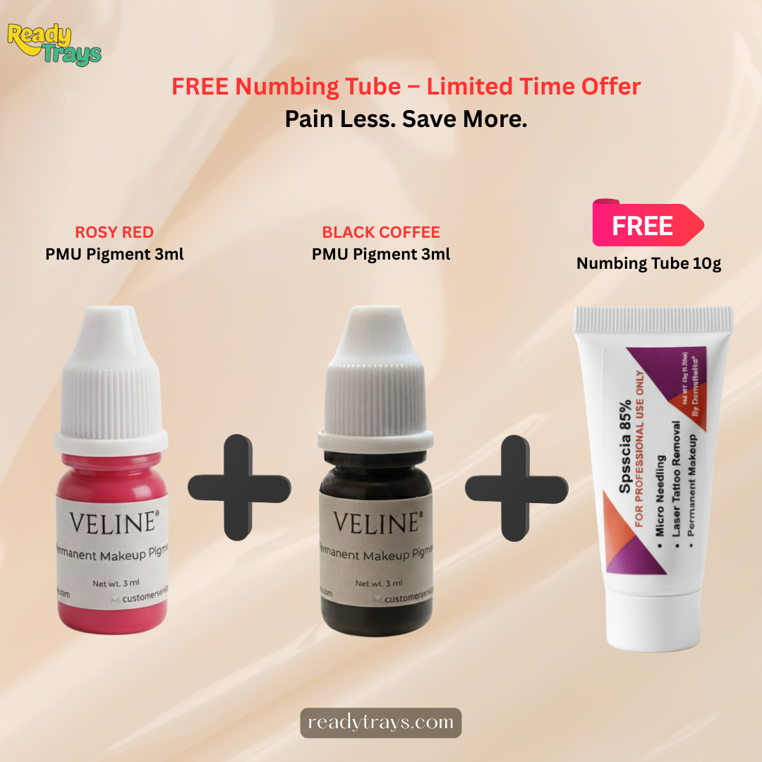 VELINE® PMU Pigments Combo – Dark Coffee 3ml & Peach Puff 3ml | FREE 10g Numbing Cream