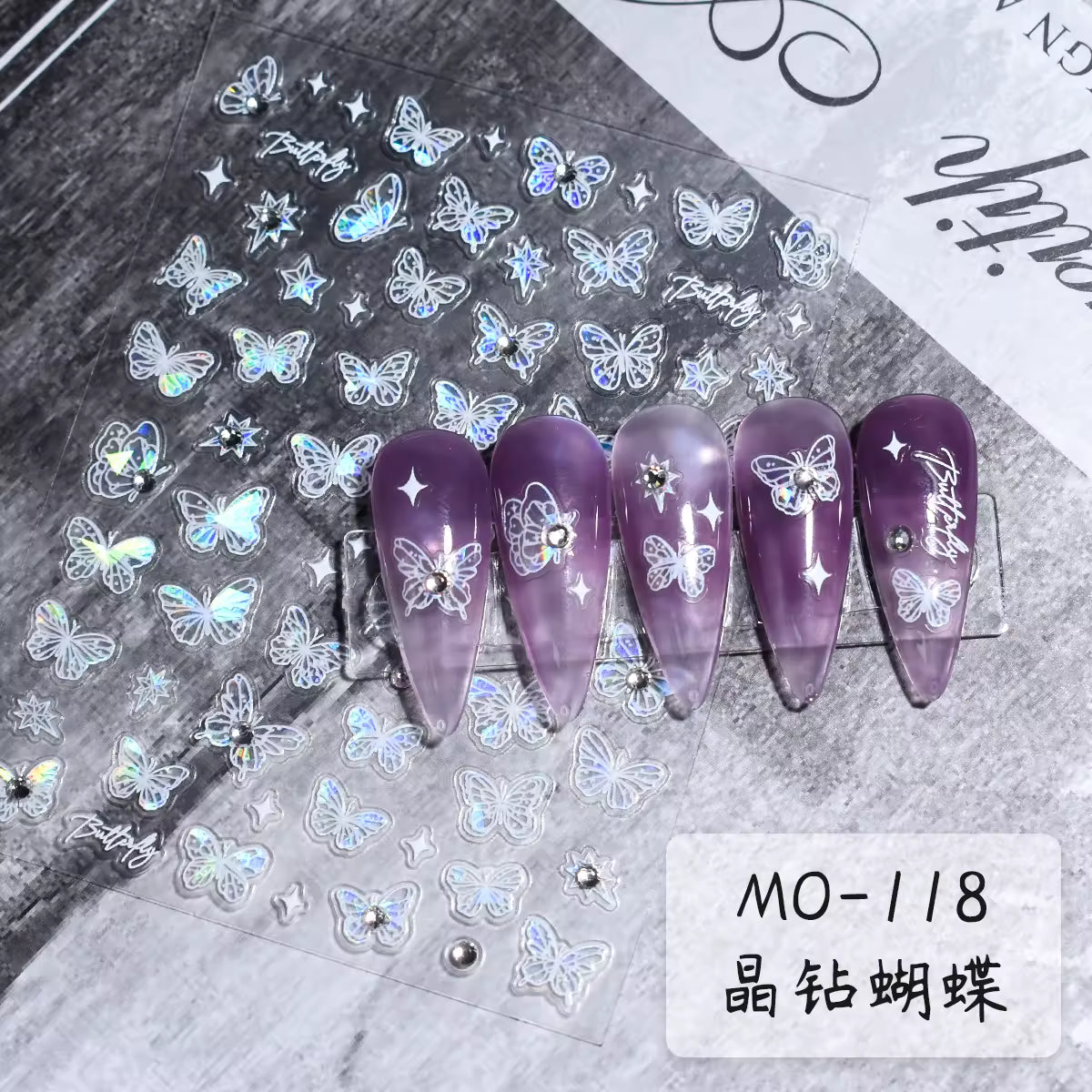 5D Butterfly Nail Art Stickers MO-118 Holographic – Iridescent Star & Butterfly Decals with Rhinestones