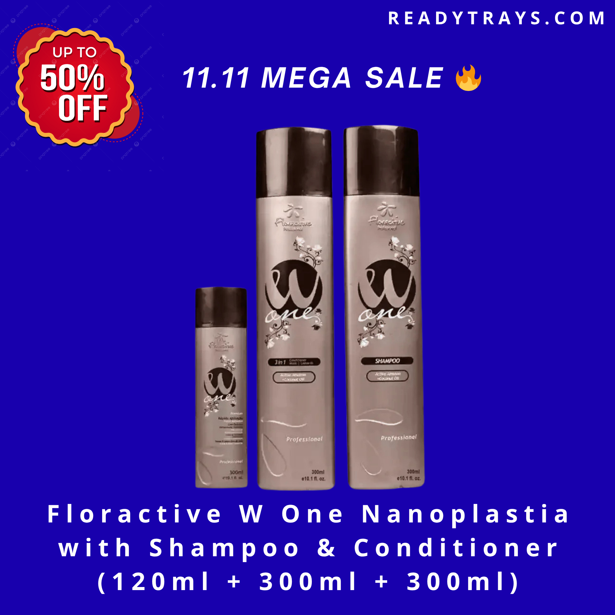 Floractive W One Nanoplastia Hair Treatment Kit – Sleek, Frizz-Free Hair with Shampoo & Conditioner (120ml + 300ml + 300ml)