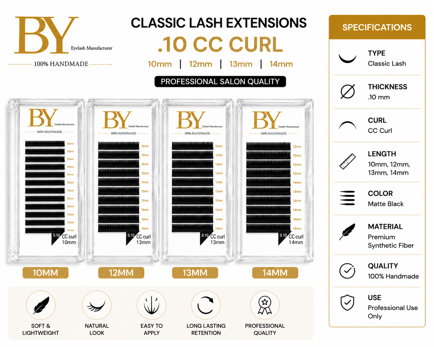 BY Classic Eyelash Extensions .10 CC Curl | 10mm, 12mm, 13mm & 14mm