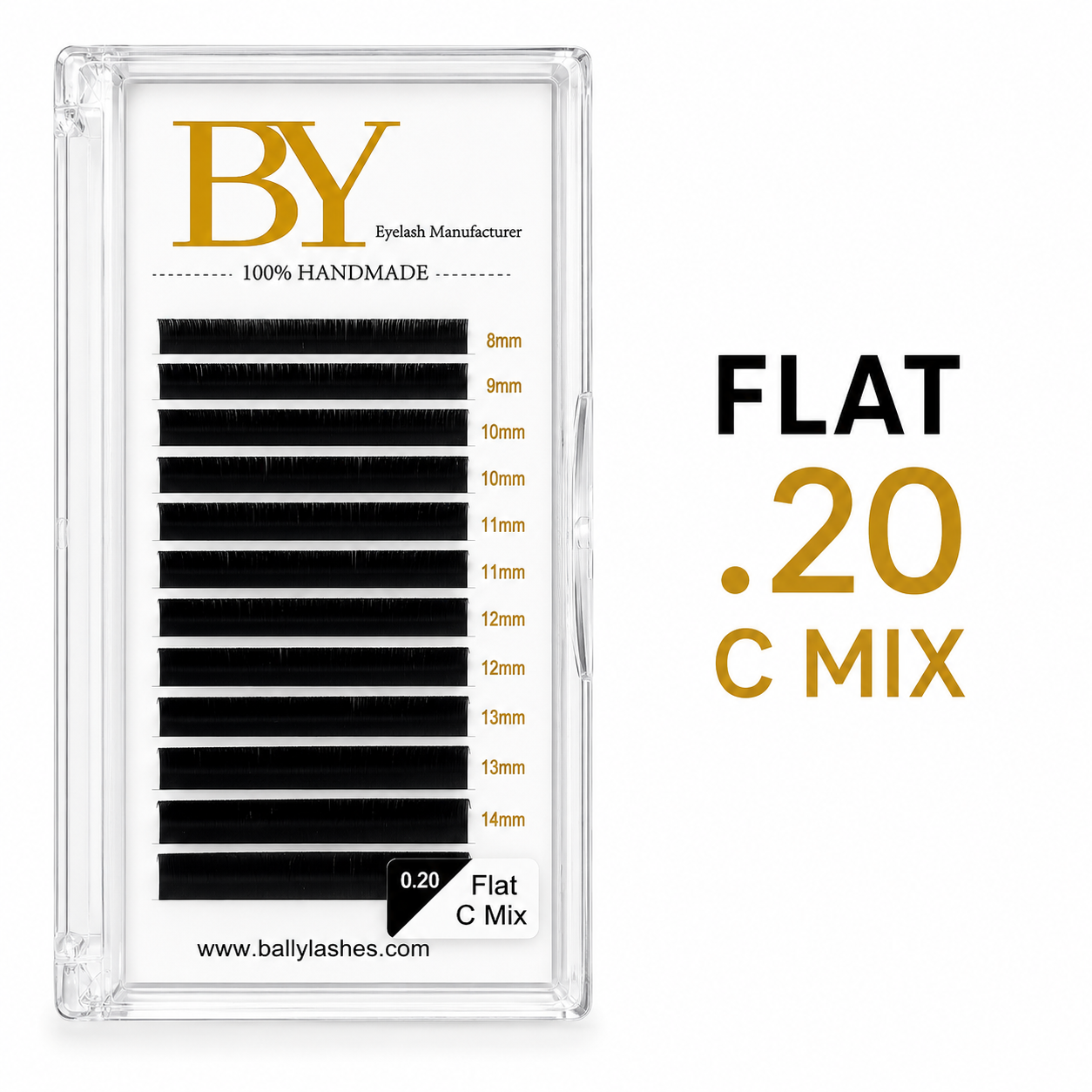 Flat Lash Extensions BY  | Premium Handmade Ribbon-Base Single Lashes | 0.20mm C Curl Mixed Tray (8-14mm) – Professional Lash Supplies