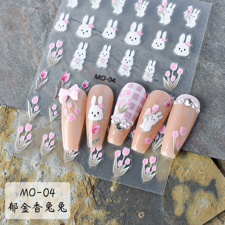 Tulip Bunny Nail Art Stickers MO-04 – Cute Rabbit & Pink Floral Decals