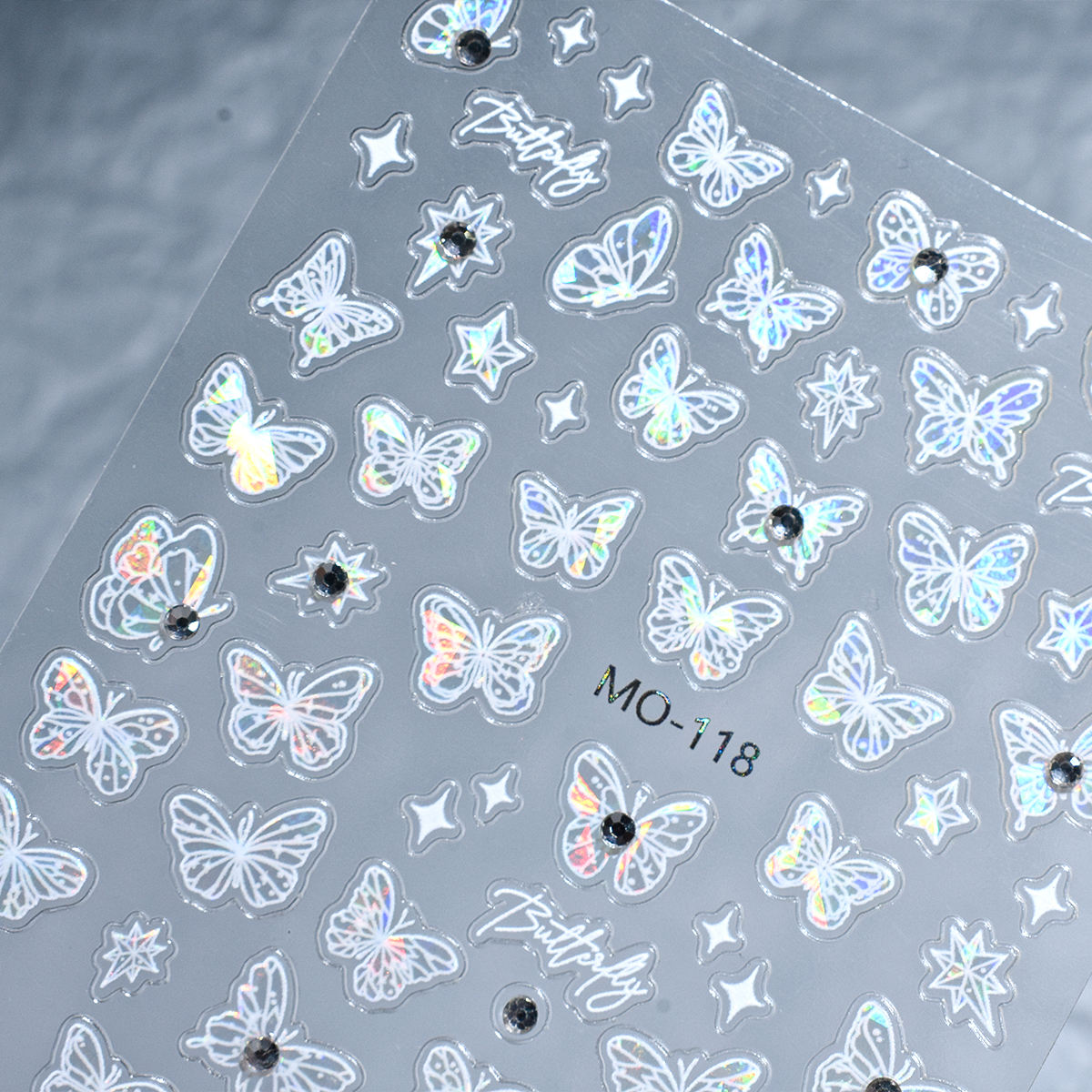 5D Butterfly Nail Art Stickers MO-118 Holographic – Iridescent Star & Butterfly Decals with Rhinestones