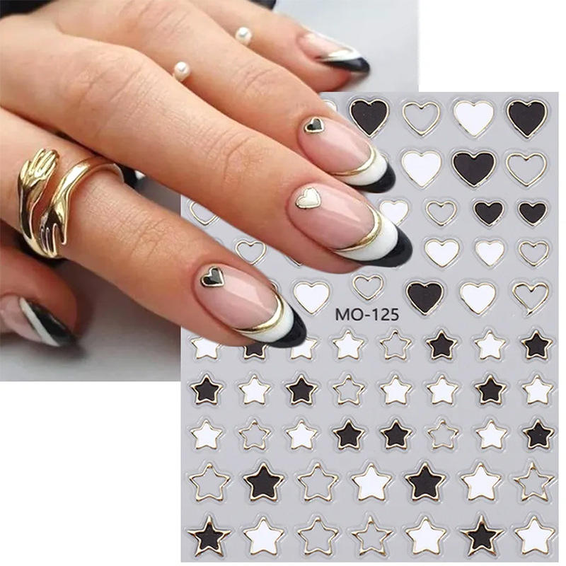 Black & White Heart & Star Nail Art Stickers MO-125  – Monochrome Gold-Outlined Decals