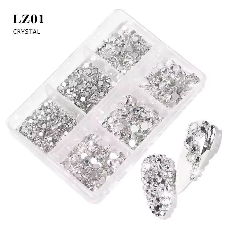 Crystal Rhinestone Nail Art Wheel LZ01 | Clear Crystal Mixed Sizes with Charm | 6-Grid Nail Decoration Set – Professional Nail Supplies