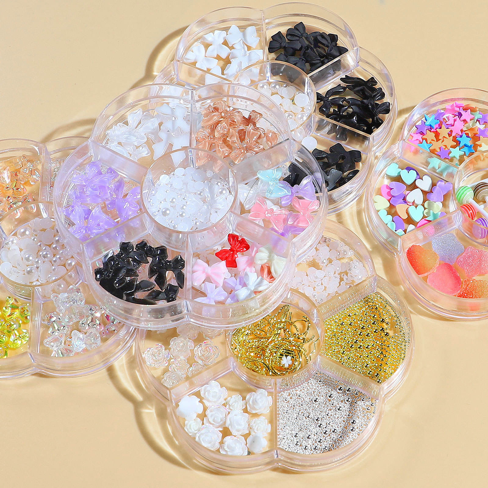 6-Grid Mixed Nail Charms Box – 3D Bear, Bow, Pearl, Flower & Rhinestone Nail Art Decorations for Acrylic, Gel & DIY Nails
