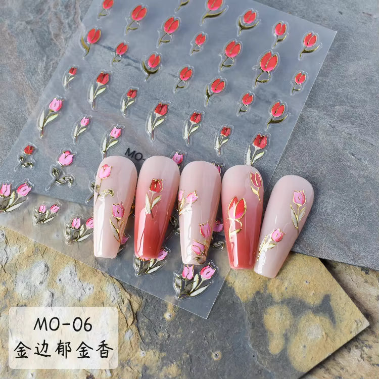 Red & Pink Tulip Nail Art Stickers MO-06– Gold-Outlined Floral Decals | MOSR Nail Art