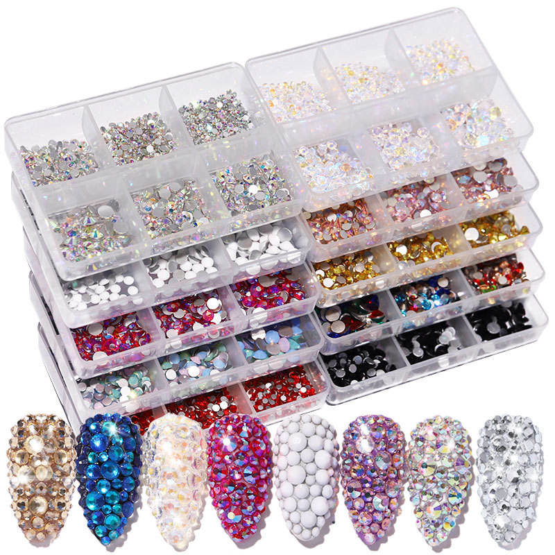 6-Grid Mixed Nail Rhinestones Set – Multi-Size Flat Back Crystal Gems for Nail Art, DIY Crafts & Salon Decoration