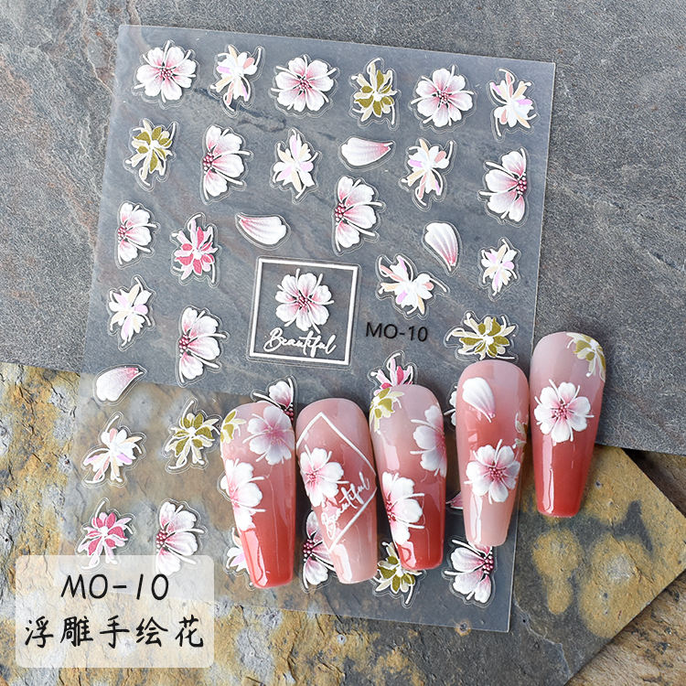 Embossed Hand-Painted Floral 5D Nail Art Stickers MO-10– White & Pink Flower Decals