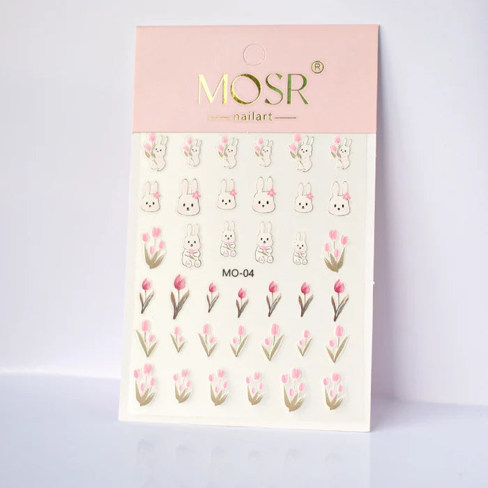 Tulip Bunny Nail Art Stickers MO-04 – Cute Rabbit & Pink Floral Decals