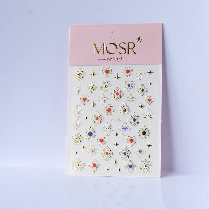 Gold Heart & Ornate Star Nail Art Stickers MO-07– Metallic Geometric Decals with Rhinestone Accents | MOSR Nail Art