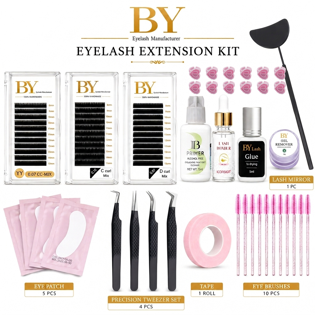 BY Professional Eyelash Extension Kit – Complete Lash Extension Starter Kit with 3 Lash Trays, Glue, Primer, Bonder & Accessories
