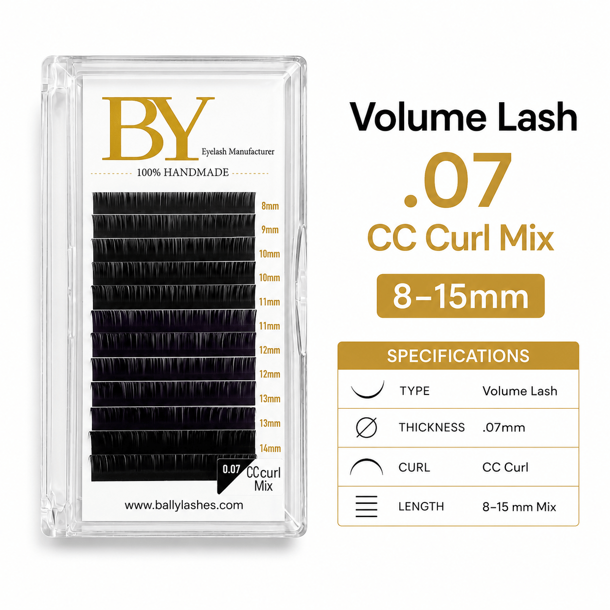 BY Volume Eyelash Extensions .07 CC Curl Mix 8–15mm | Professional Lash Tray