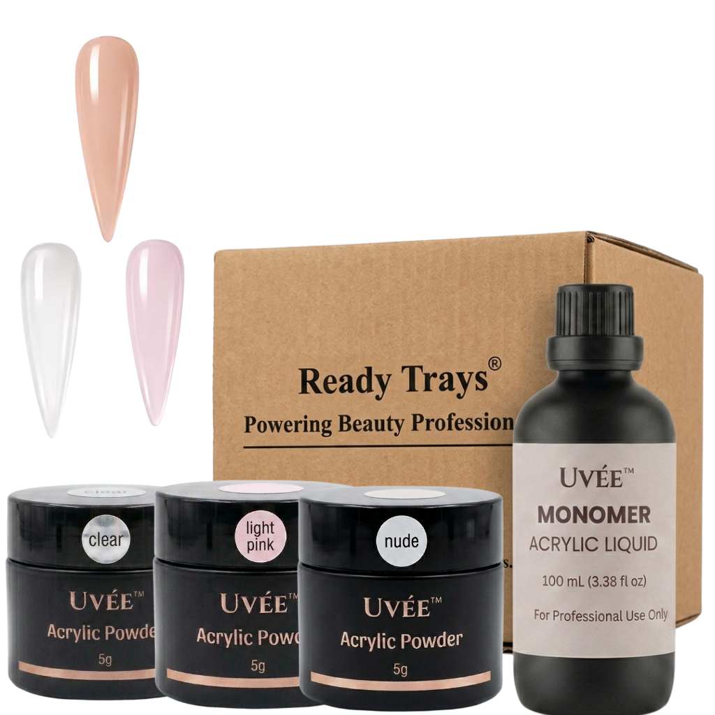 UVÉE™ Professional Acrylic Starter Kit – 100ml EMA Monomer + 3 Acrylic Powders (Clear, Light Pink, Nude)