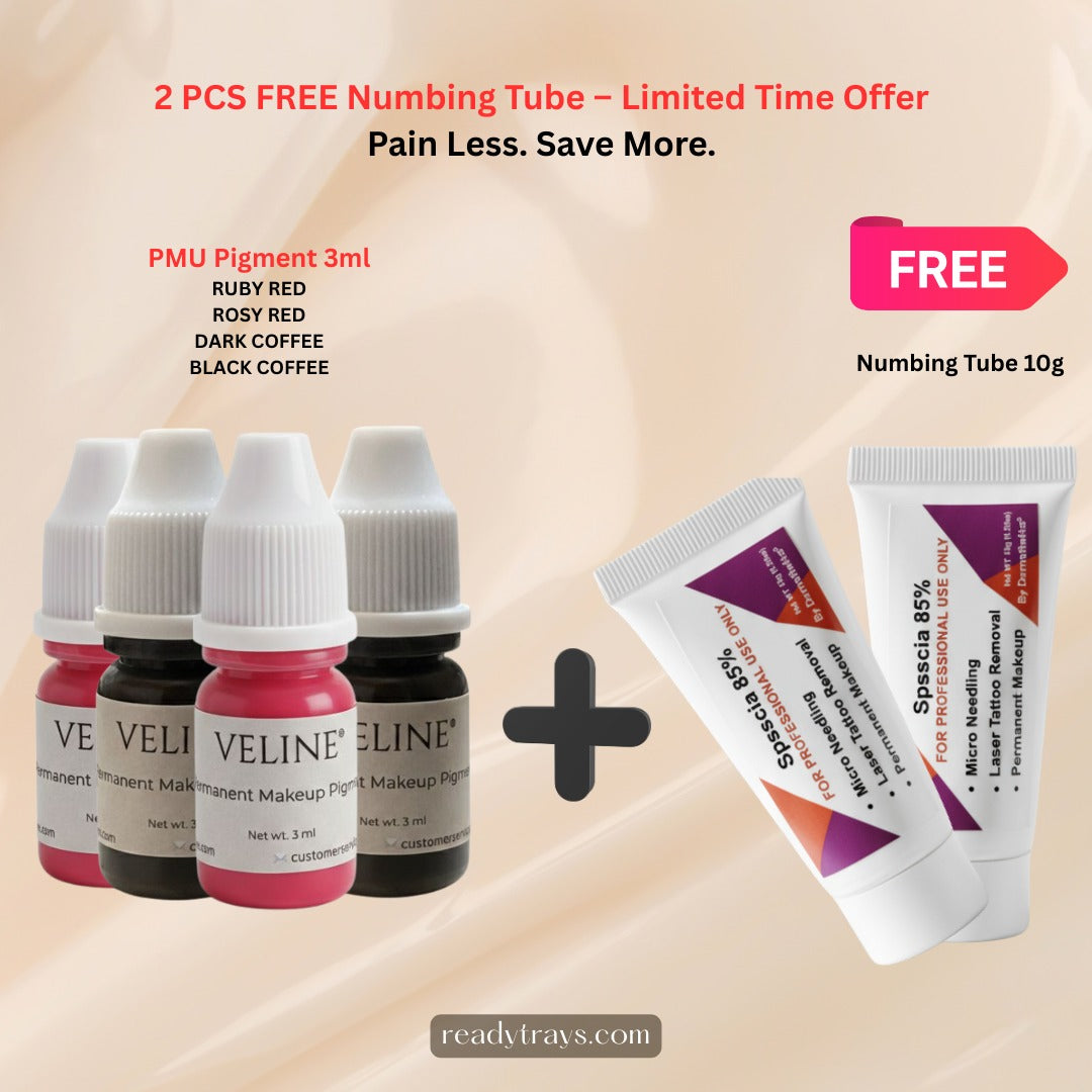 VELINE® PMU Pigments Set (3ml Each) – Rosy Red, Ruby Red, Dark Coffee & Black Coffee | FREE 2×10g Numbing Cream