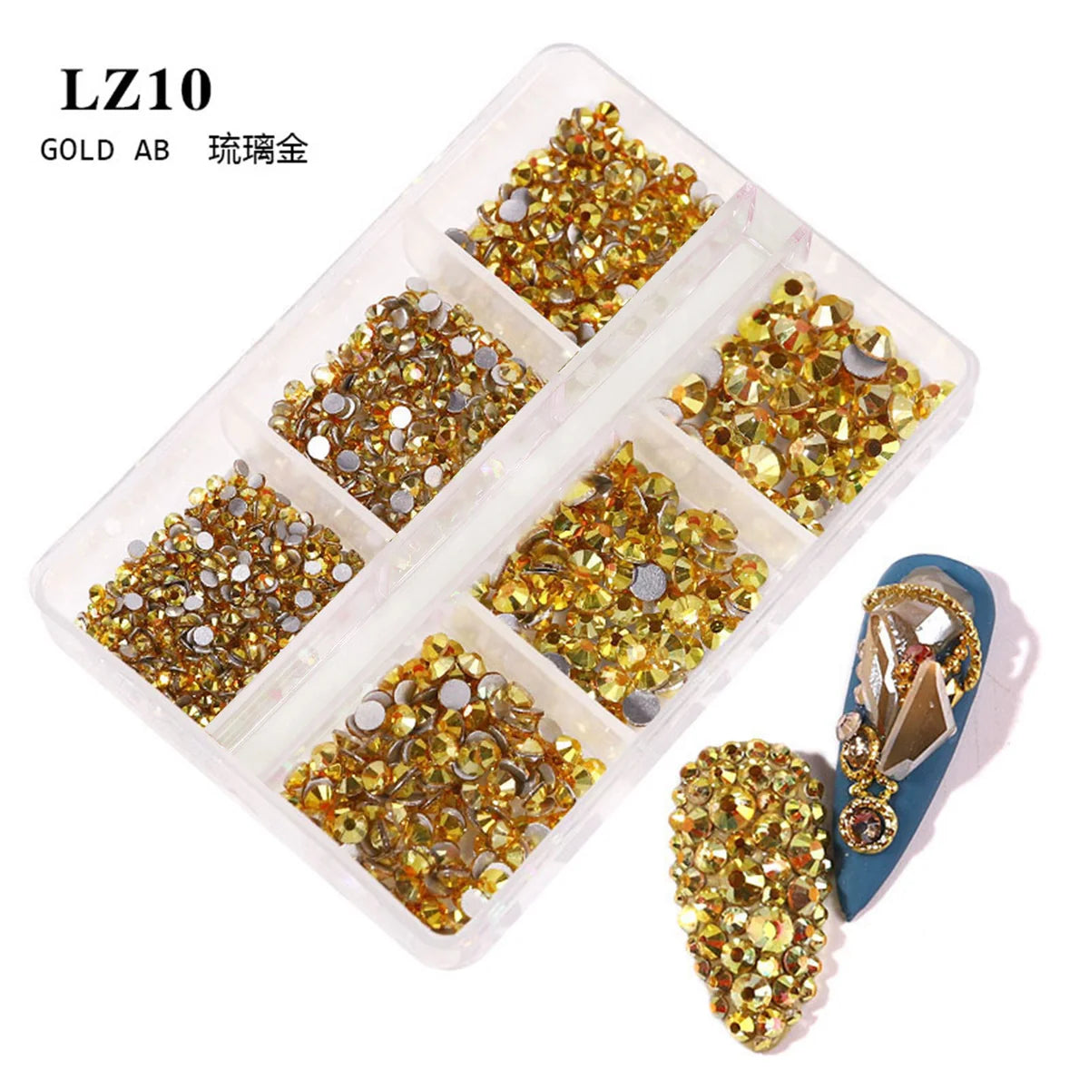 Gold AB Crystal Rhinestones Wheel LZ10 | Iridescent Gold Flatback Mixed Size Rhinestones | 6-Grid Nail Decoration Set – Professional Nail Supplies