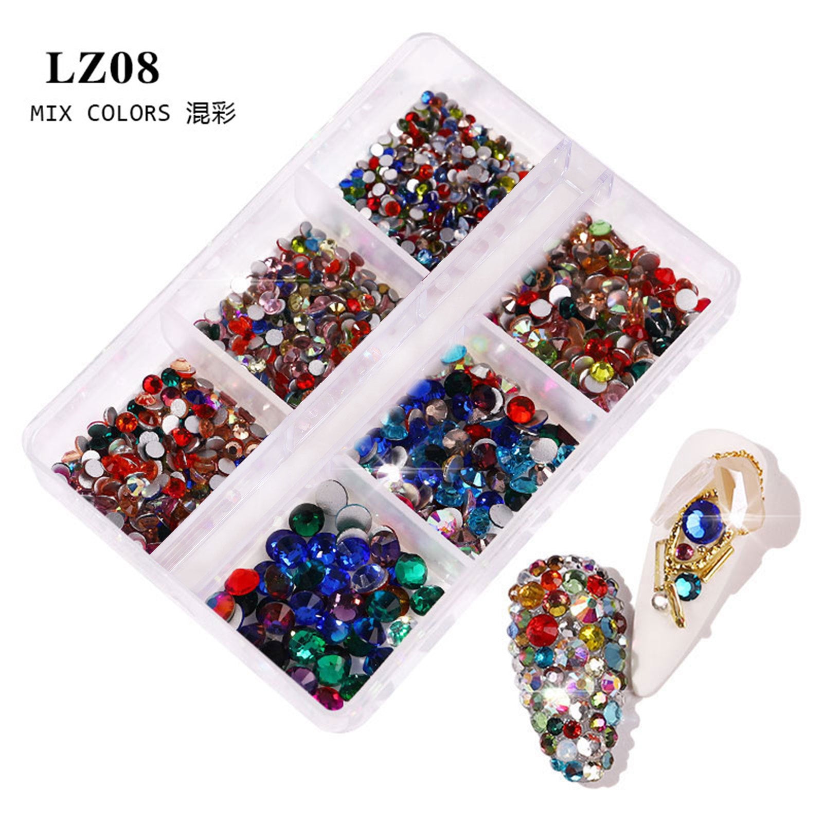6-Grid Mixed Nail Rhinestones Set – Multi-Size Flat Back Crystal Gems for Nail Art, DIY Crafts & Salon Decoration