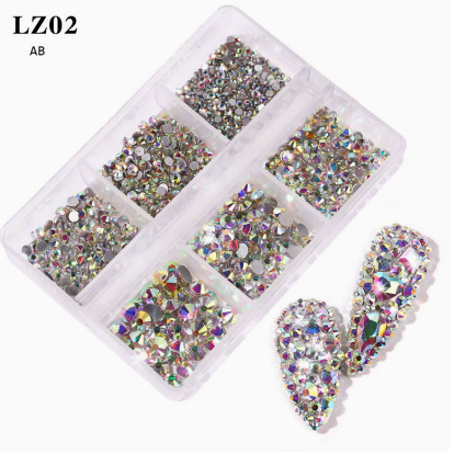 6-Grid Mixed Nail Rhinestones Set – Multi-Size Flat Back Crystal Gems for Nail Art, DIY Crafts & Salon Decoration