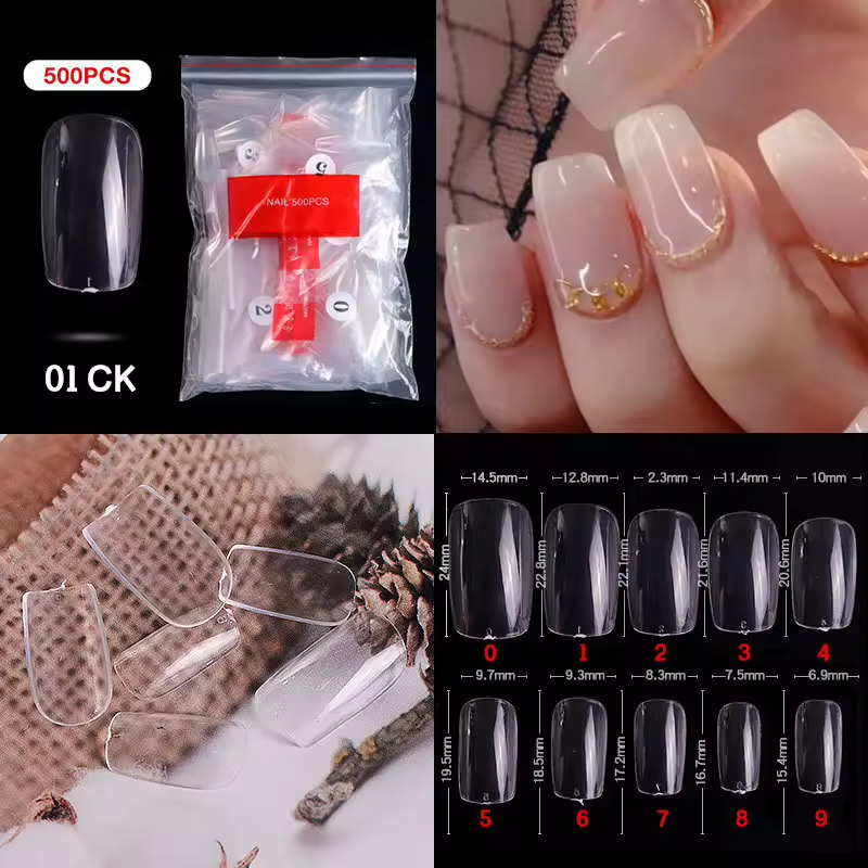 500PCS Clear Square Round Nail Tips – Full Cover False Nail Tips for Acrylic, Gel, Poly Gel & Press-On Nail Extensions