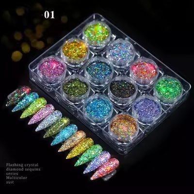 12 Colors Holographic Nail Glitter Set – Diamond Flash Sequins for Gel, Acrylic, UV Gel & DIY Nail Art Decorations