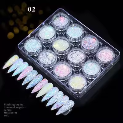 12 Colors Aurora Nail Glitter Set – Iridescent Diamond Flash Sequins for Gel, Acrylic, UV Gel & DIY Nail Art Decorations