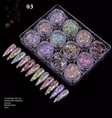 12 Colors Iridescent Nail Glitter Flakes Set – Holographic Diamond Sequins for Gel, Acrylic, UV Gel & DIY Nail Art Decorations