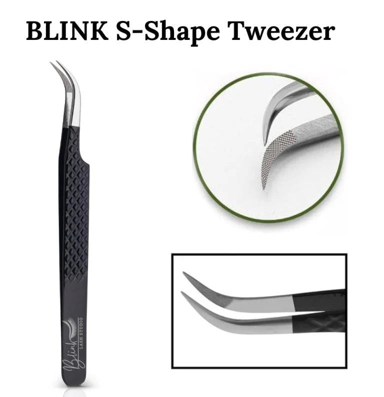 BLINK Professional S-Shape Lash Tweezers – Stainless Steel Fiber Tip Tweezers for Classic & Volume Extensions (Black)