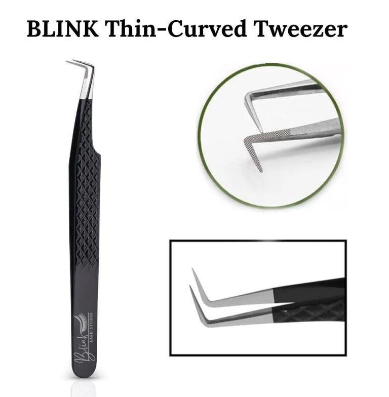 BLINK Professional Curved Lash Tweezers – Ultra-Thin Fiber Tip Tweezers for Classic & Volume Extensions (Black, Curved Shape)
