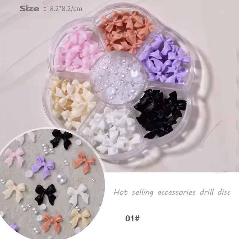 3D Bow Nail Art Charms Wheel | Mixed Color Ribbon Bows & Pearls | 6-Grid Nail Decoration Set – Professional Nail Supplies
