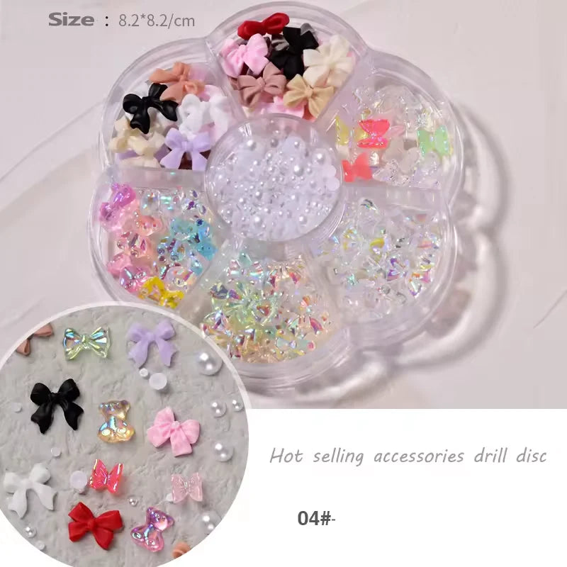 3D Bow & Butterfly Nail Art Charms Wheel #04 | Iridescent AB Mix with Pearls | 6-Grid Nail Decoration Set – Professional Nail Supplies