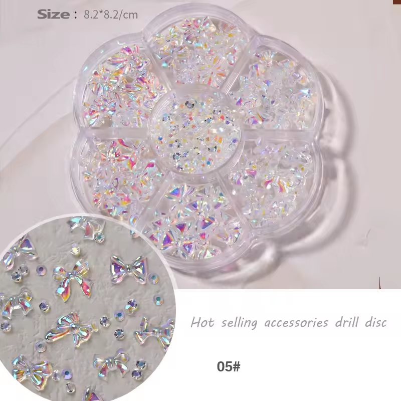 6-Grid Mixed Nail Charms Box – 3D Bear, Bow, Pearl, Flower & Rhinestone Nail Art Decorations for Acrylic, Gel & DIY Nails
