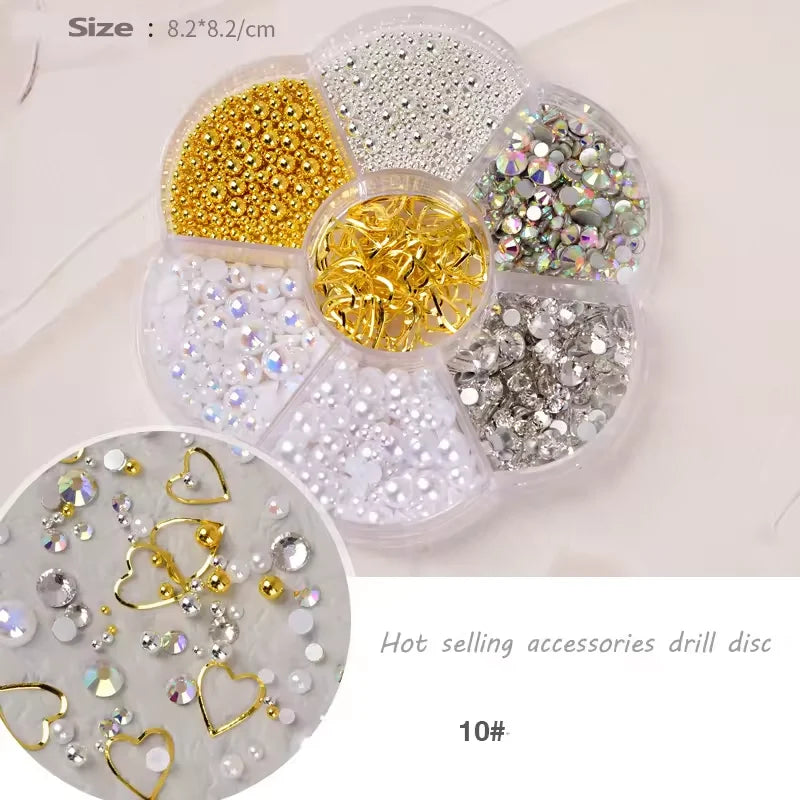 Gold Heart Charm & Rhinestone Nail Art Wheel #10 | Metallic Micro Beads, Pearls & Crystal Mix | 6-Grid Nail Decoration Set – Professional Nail Supplies