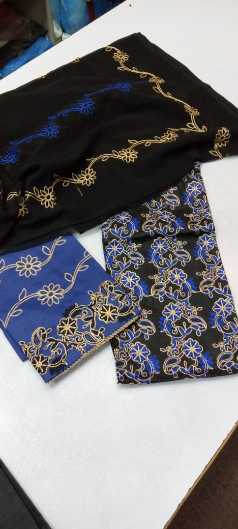 Cotton Embroidery Suit with chiffon Dupatta/ 3PC