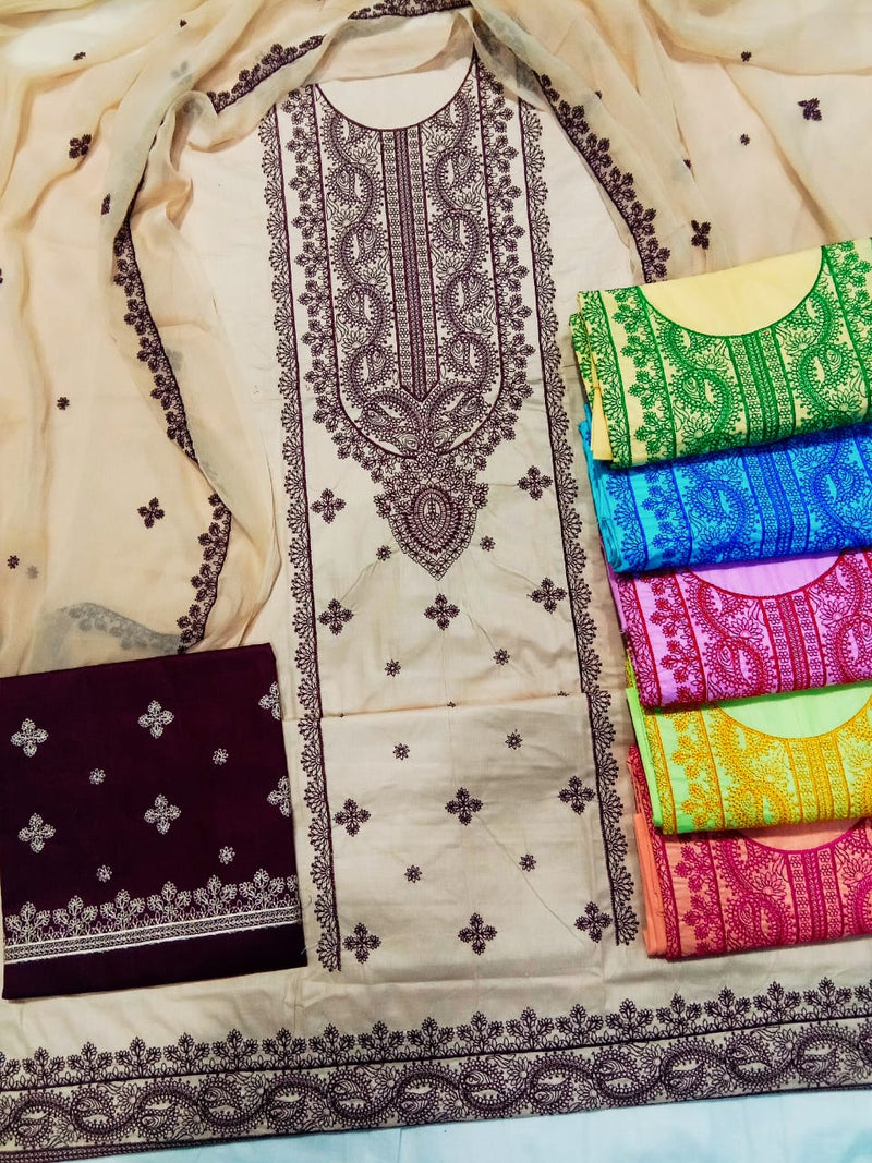 Cotton Embroidery Suit with chiffon Dupatta in different colors/3PC