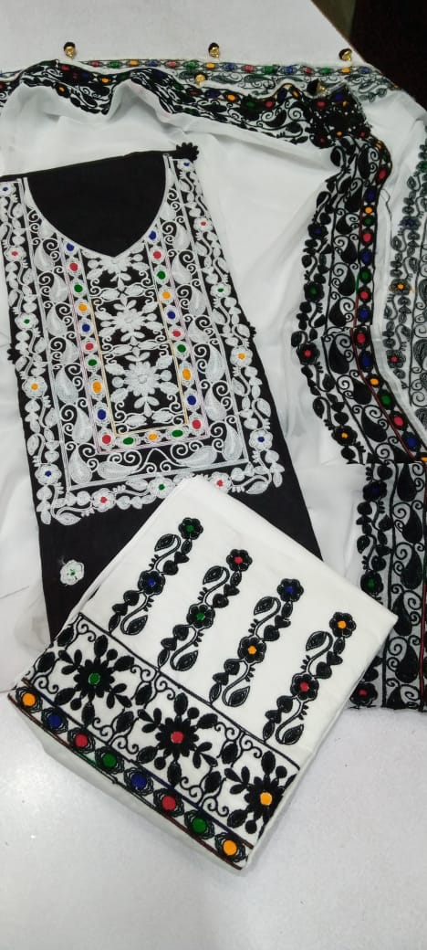 Cotton Embroidery Suit with chiffon Dupatta/ 3PC