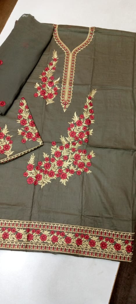 Cotton Embroidery Suit with chiffon Dupatta/ 3PC