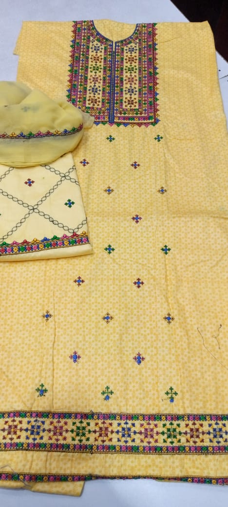 Cotton Embroidery Suit with chiffon Dupatta/ 3PC