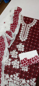 Ajrak Embroidery Suit with chiffon Dupatta/ 3PC