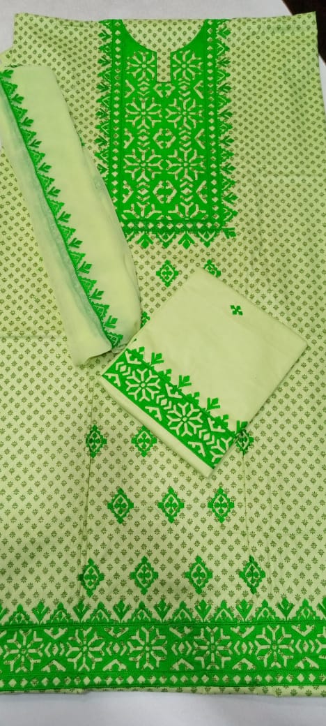 Cotton Applic Suit with chiffon Dupatta/ 3PC
