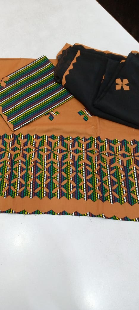 Cotton Applic Suit with net Dupatta/ 3PC
