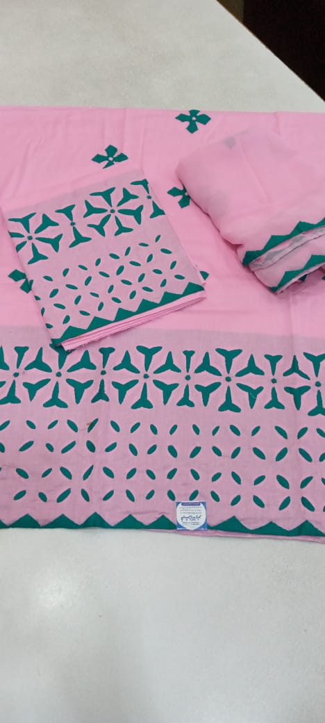 Cotton Applic Suit with chiffon Dupatta/ 3PC