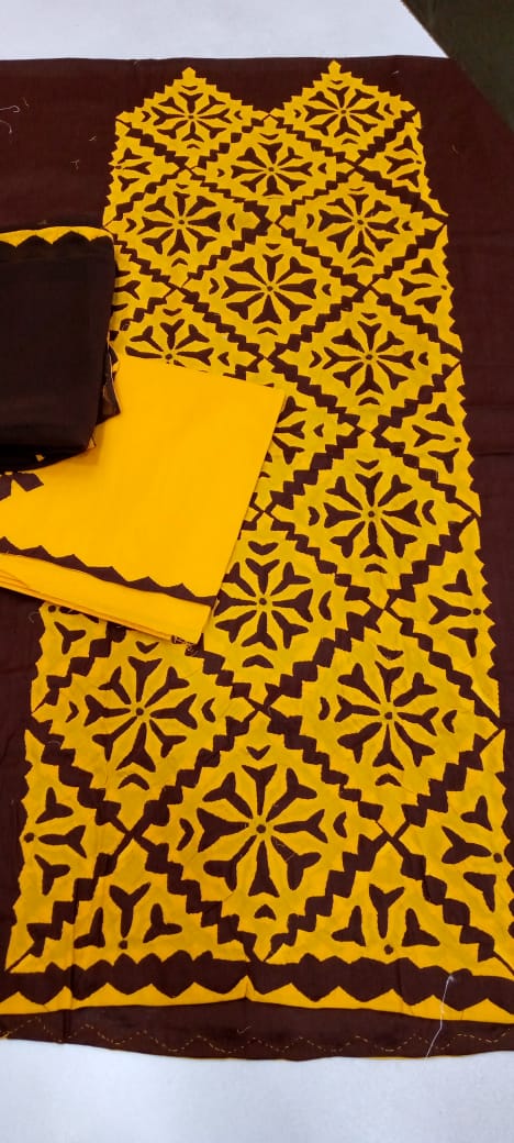 Cotton Applic Suit with chiffon Dupatta/ 3PC