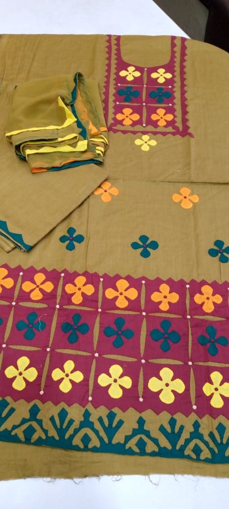 Cotton Applic Suit with chiffon Dupatta/ 3PC